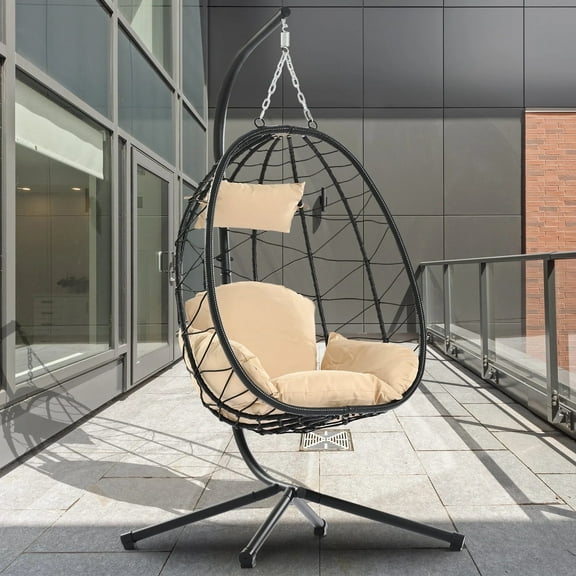 Clearance! Hanging Wicker Egg Chair, Outdoor Patio Hanging Chairs with Stand, UV Resistant Hammock Chair with Comfortable Cushion, Durable Indoor Swing Egg Chair for Bedroom, Garden, Backyard