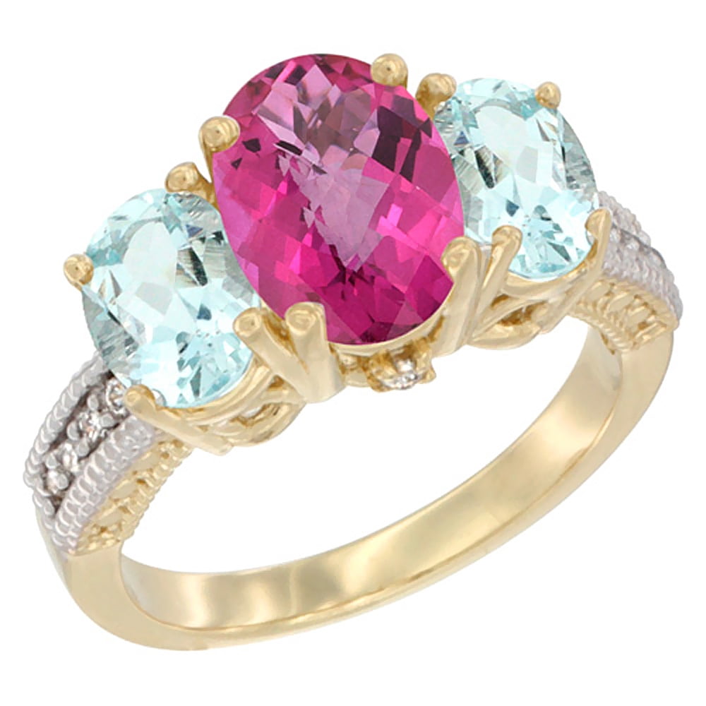14K Yellow Gold Diamond Natural Pink Topaz Ring 3-Stone Oval 8x6mm with Aquamarine, size 5 by Gabriella Gold