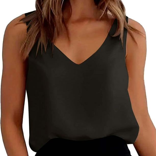 Playeras,Blusas y Tops,Ropa para Mujer Tank Top Vestido Camiseta sin mangas a la moda para mujer, cuello en V, camiseta informal suelta de Color sólido para mujer (Black, L)
