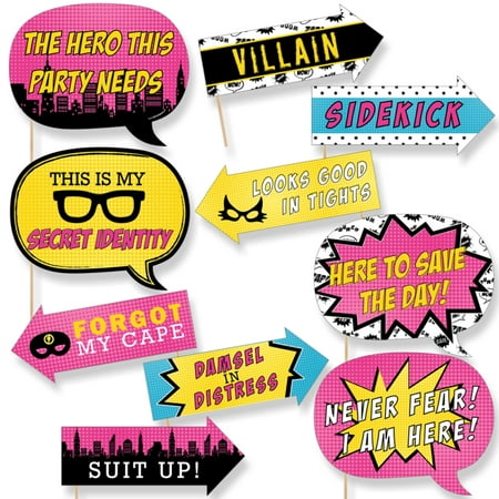 Funny BAM! Girl Superhero - Baby Shower or Birthday Party Photo Booth Props Kit - 10 Piece