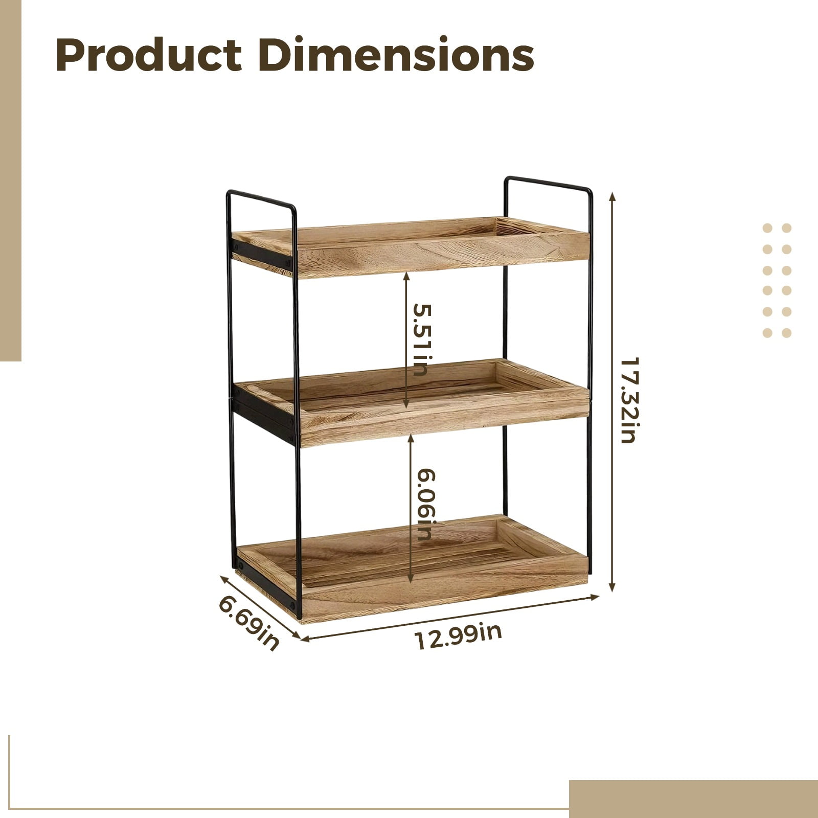 3-Tier Wood & Metal Shelf, 6.7 x 13 x 17.3 in / 17 x 33 x 44 cm Bathroom Countertop Organizer, Vanity Organizers, Counter Shelf, Makeup Organizers for Bedroom, Bathroom, Kitchen