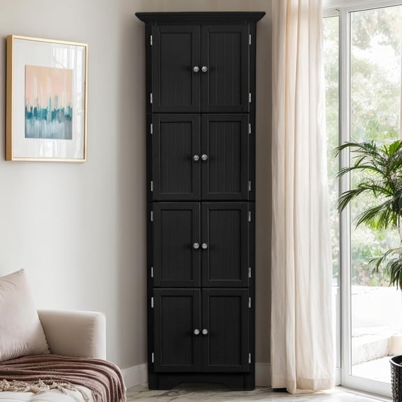 Corner Storage Cabinet 72" H Wooden Kitchen Pantry with 8 Doors, Freestanding Bookshelf Cabinet with Adjustable Shelves for Living Room (Black & Style 1)