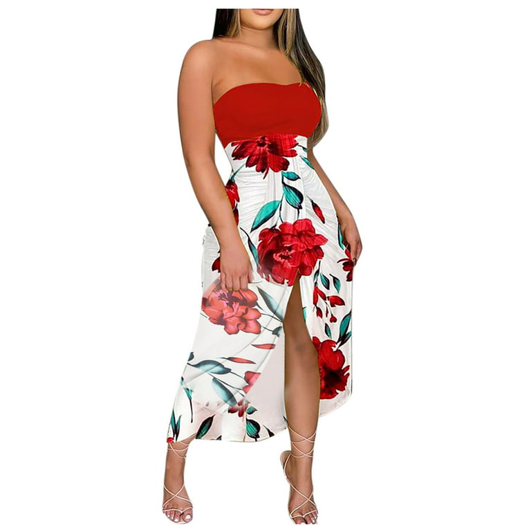 Summer Savings Clearance 2022! BEFOKA Women's Summer Dress Summer Print  Strapless Long Dress Beach Split Dress Party Club Dress Red 