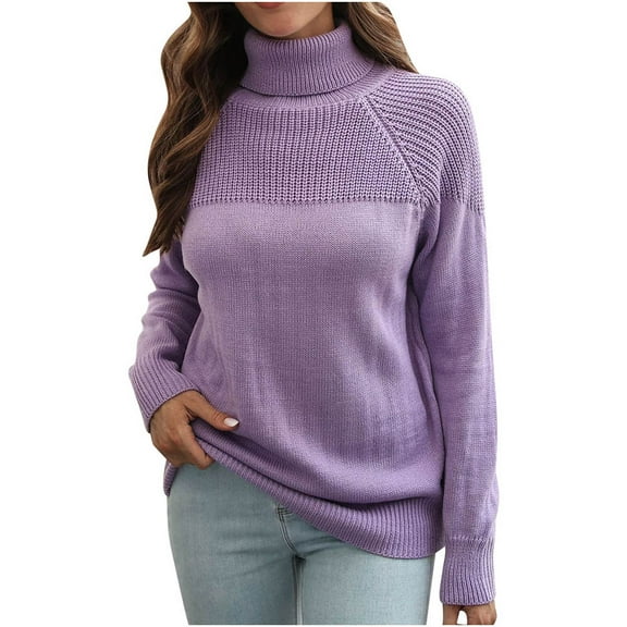 Womens Fall Fashion 2022! QLEICOM Sweaters for Women, Women‘s Turtleneck Sweater Solid Knitted Casual Fashion Raglan Sleeves Long Sleeve Tops Blouse On Clearance