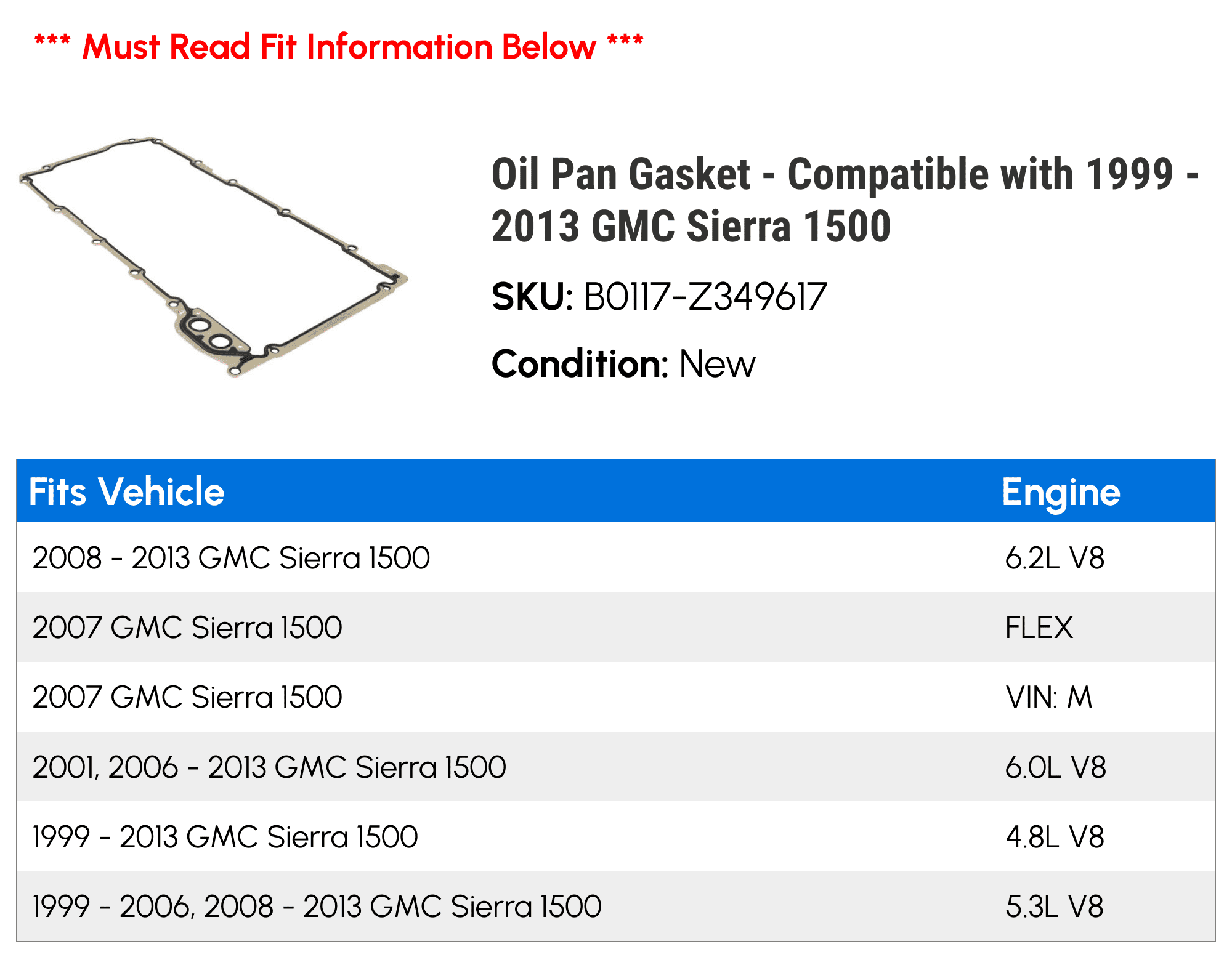 Oil Pan Gasket - Compatible with 1999 - 2013 GMC Sierra 1500 2000 2001 2002 2003 2004 2005 2006 2007 2008 2009 2010 2011 2012