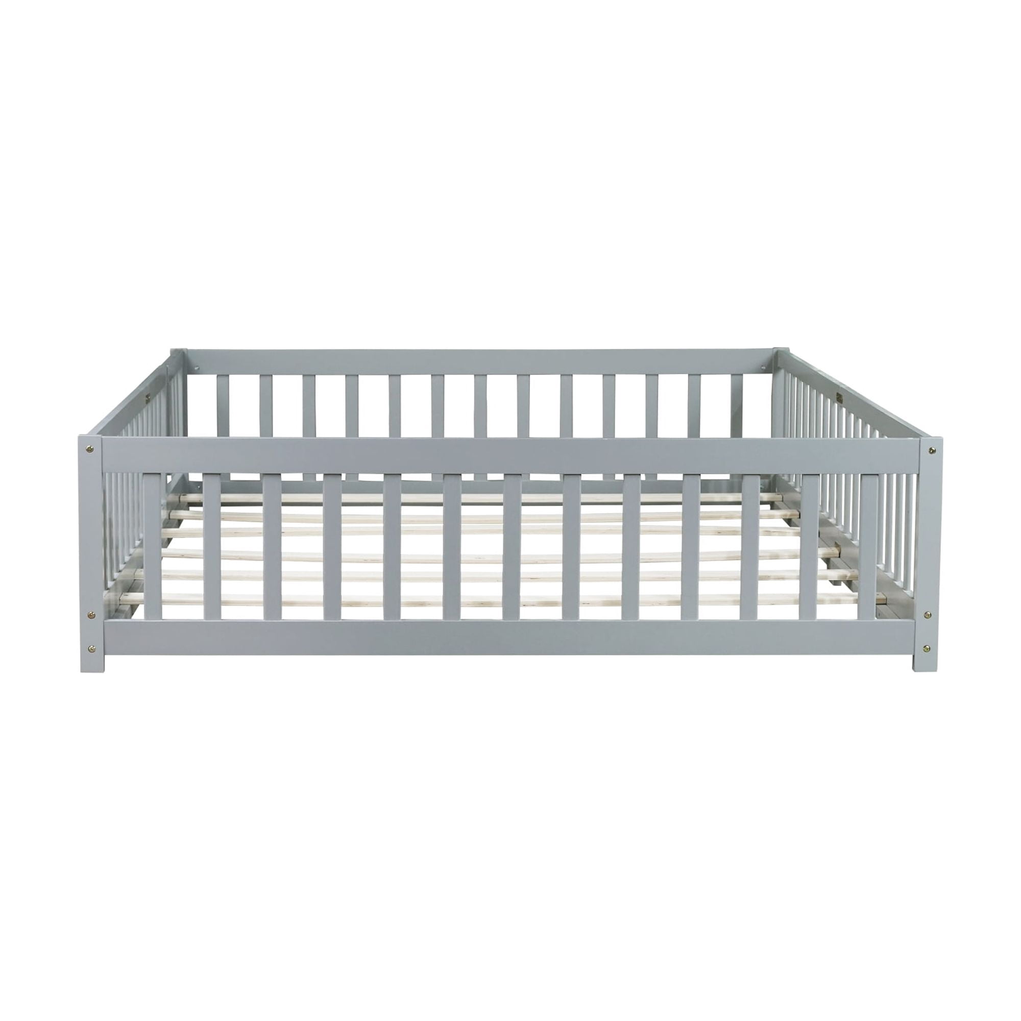 Leumius Queen Size Floor Bed with Fence and Door, Montessori Floor Bed with Safety Guardrails for Boys Girls Grey