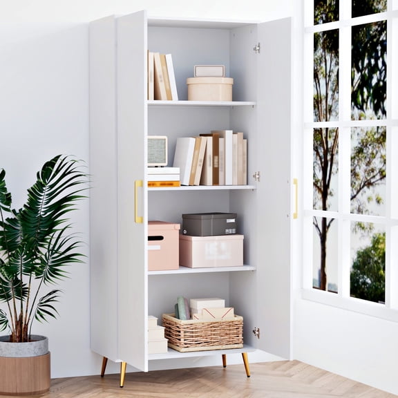 YouTrend 69'' Tall Storage Cabinet,White Wood Kitchen Pantry Cabinet with 4 Shelves & 2 Doors for Living Room, Bathroom, Office