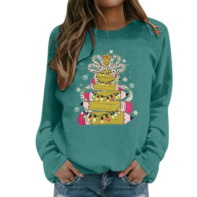 VJATTWR Mes Articles Chandail en Molleton de Noël pour Femmes Imprimé Col Rond Manches Longues Chandail Sans Capuche Chandail en Molleton Confortable Mode Haut pour Vacances Tenue Décontractée et Activités Athlétiques Get it Fast