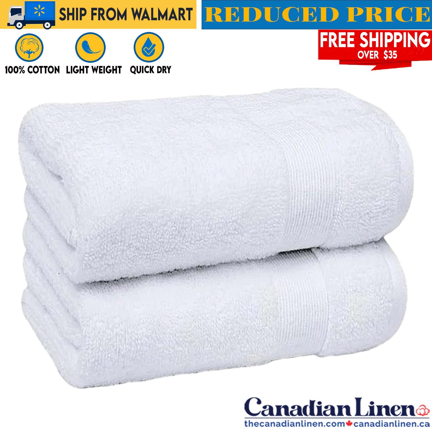 Canadian Linen Cambridge Economy 2 Pack White Hotel Bath Towels Set 27 x54 inches Lightweight Soft Absorbent Ring Spun Cotton Towels for Bathroom