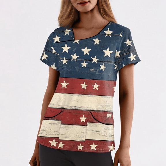 HAVUITYY Fashion Independence Day Printed Scrub Tops for Women, Plus Size V-Neck Nurse Tops with Pockets, Lightweight Stretch Working Uniform Nursing Top