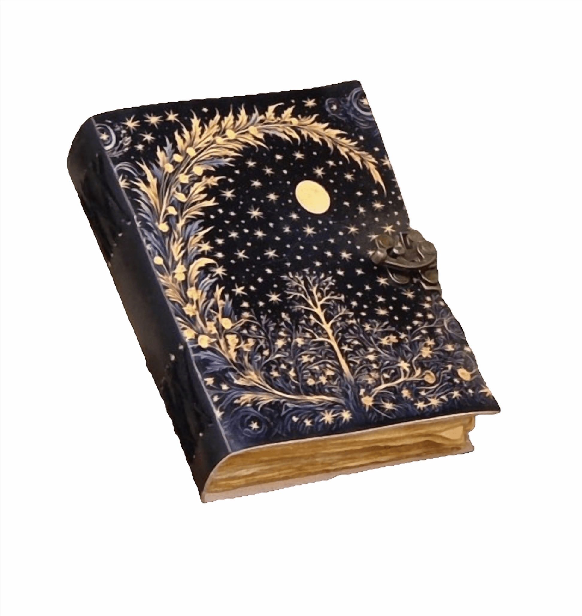 Celestial Leather Journal with Moon & Stars Design, 5x7 Inch Handmade Notebook, 200 Vintage Handmade Paper Pages, Antique Locking Diary for Writing & Sketching