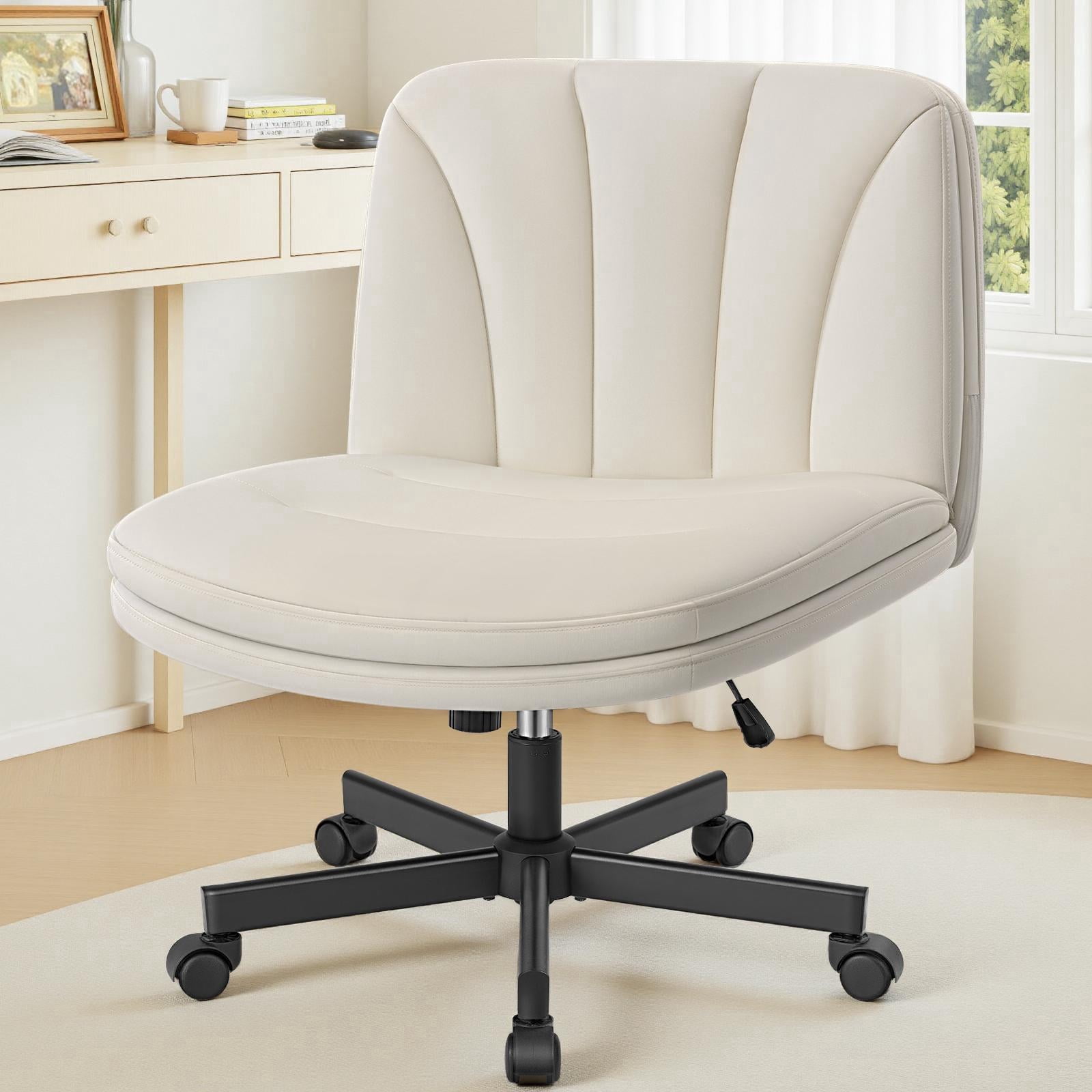 COOLHUT Cross Legged Office Chair with Wheels Armless-Office Desk Chair, Modern Vanity Computer Task Chairs for Home Bedroom, Comfortable Wide Seat for Lower Back Pain Relief, PU Leather, Beige