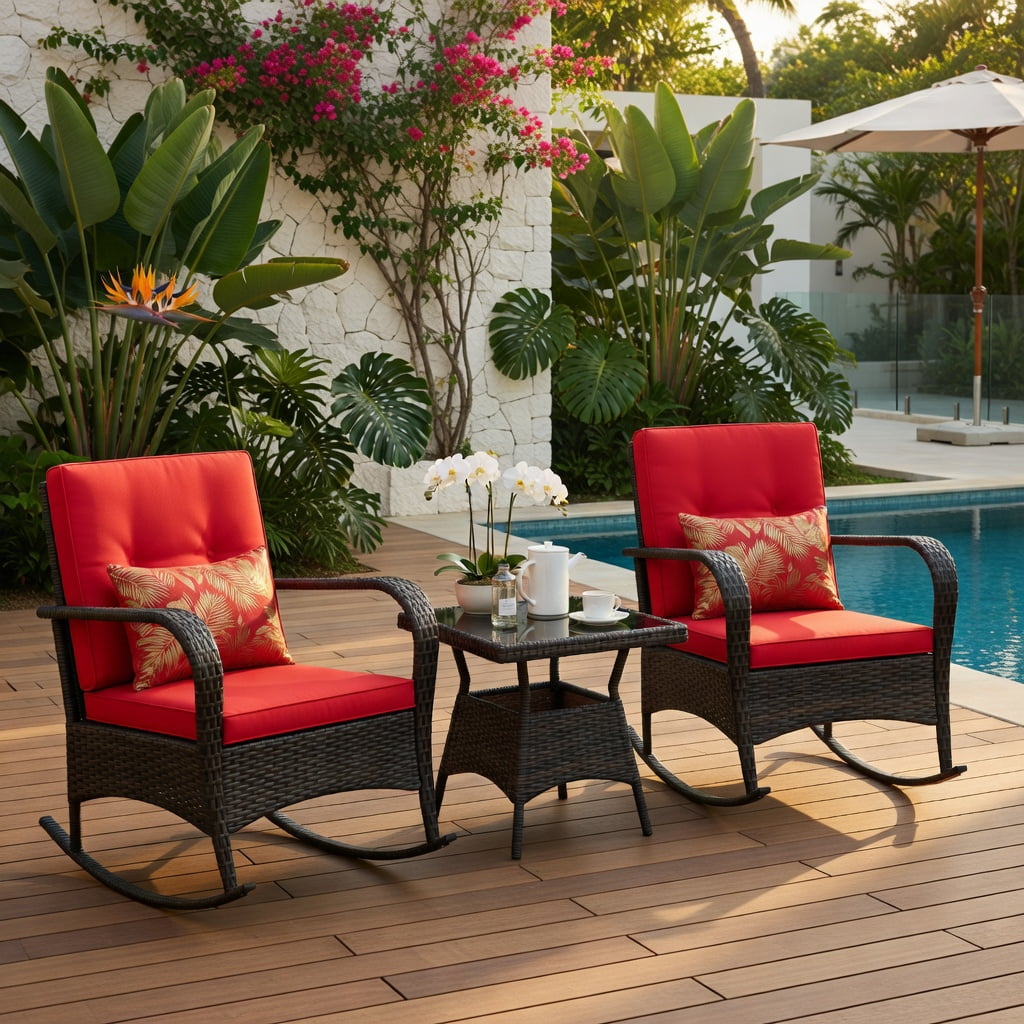 Hommoo 3-Piece Outdoor Rocking Chair Set with Tempered Glass Coffee Table, PE Rattan & Metal Frame for Backyard, Patio, Poolside, Red