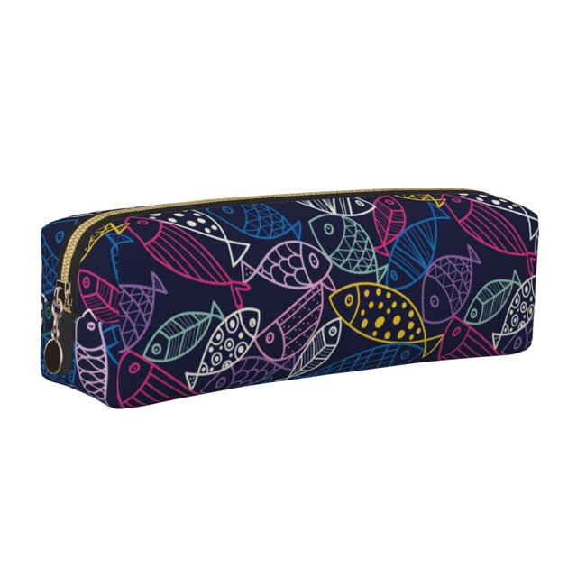 Fotbe Cute Line Fish Estuche para Lápices de Cuero con Estampado, Estuche con Cremallera Resistente, Organizador Compacto y Elegante para Papelería