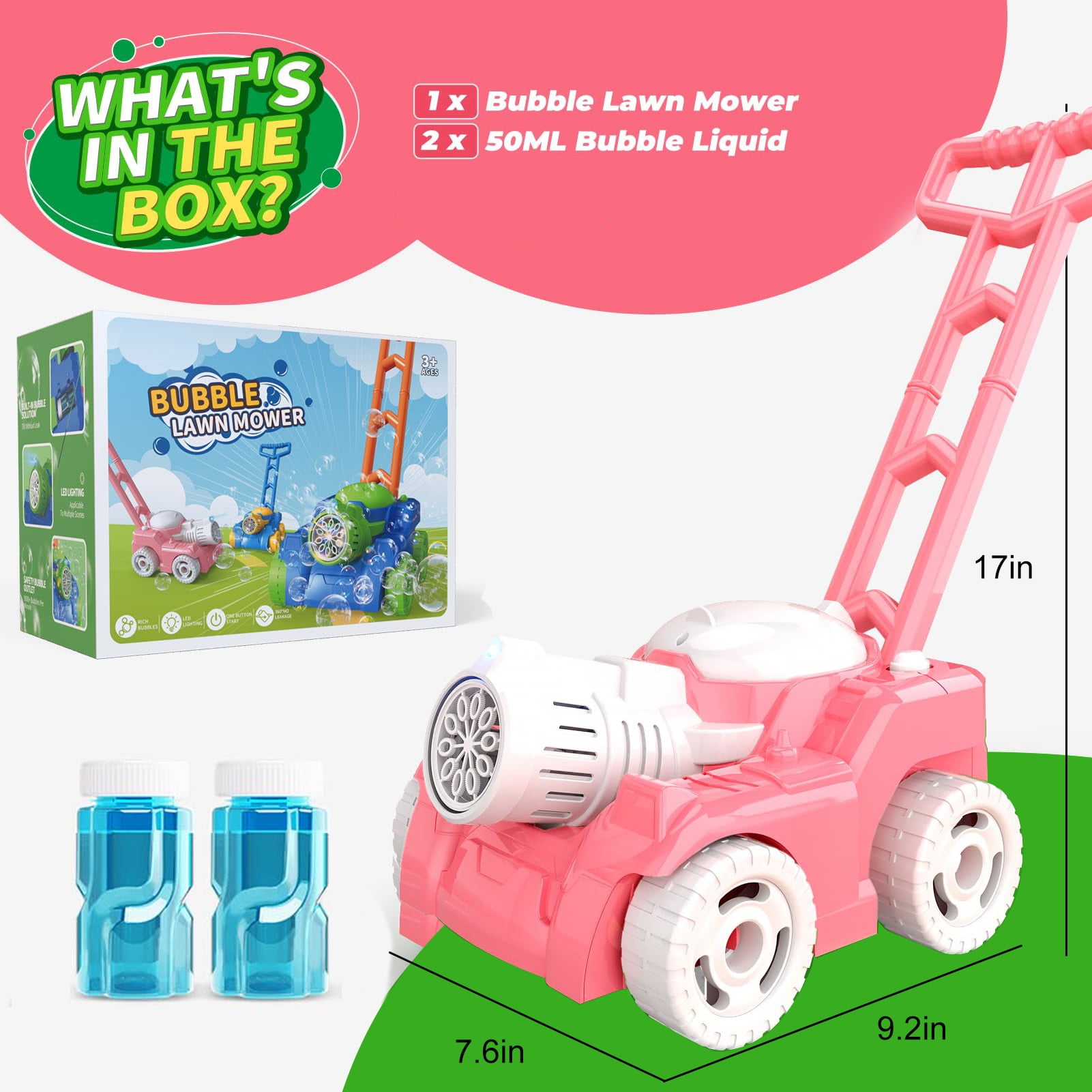 JBeeCtrl Bubble Machine Bubble Lawn Mower for Kids Toddlers Automatic Push Toys Summer Outdoor Toys Bubble Maker for Boys Girls 3-6 Years（Pink）