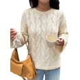 thumbnail image 3 of Women Long Sleeve Sweater Fall Ribbed Knit Pullover Loose Crewneck Cable Sweater Jumper Tops Apricot S, 3 of 7