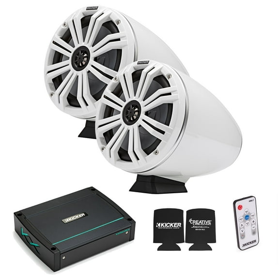 Kicker KMFC8W 8" Flat Mount White Tower Speakers (1 pair) with KXM4002 Marine Amplifier