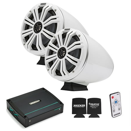 Kicker KMFC8W 8 Flat Mount White Tower Speakers (1 pair) with KXM4002 Marine Amplifier