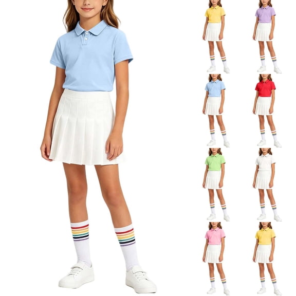 Daiosportswear Girls 3 Piece School Uniform Set, Short Sleeve Polo High Waist Pleated Skirt Rainbow Striped Knee Socks for 3-16Y Yellow 15-16 Years