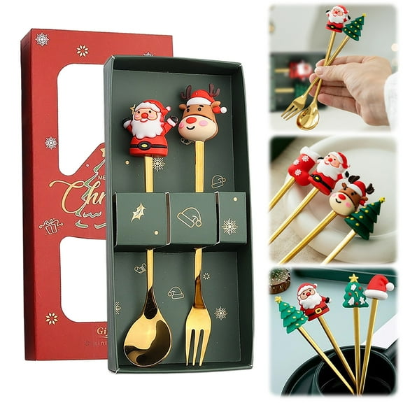 SUSHANG Stainless Steel Christmas Themed Spoon & Fork Set - Holiday Pattern Coffee Spoons and Forks for Festive Dining, Party Serving Utensils and Gift Ideas for Christmas Entertaining