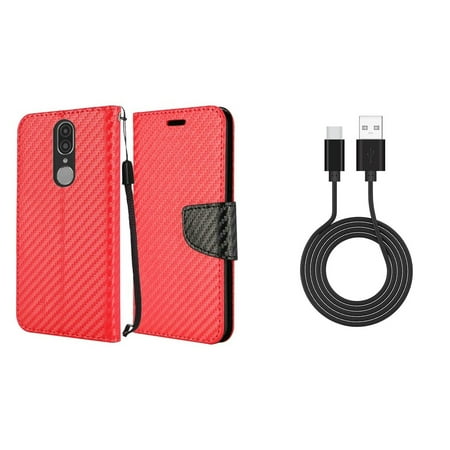 Bemz Bling Wallet Compatible with Coolpad Legacy (2019) Case PU Leather ID Window Card/Money Holder Magnetic Flip Cover (Carbon Fiber Red), Fast Charge/Sync Durable USB Type C Cable (3.3