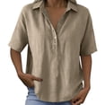 thumbnail image 6 of Nestiefly Women’s Cotton Linen Polo Shirt Casual Short Sleeve Summer Top Thin Short Sleeve Button Down Shirts Blouses 2026 Khaki L, 6 of 7