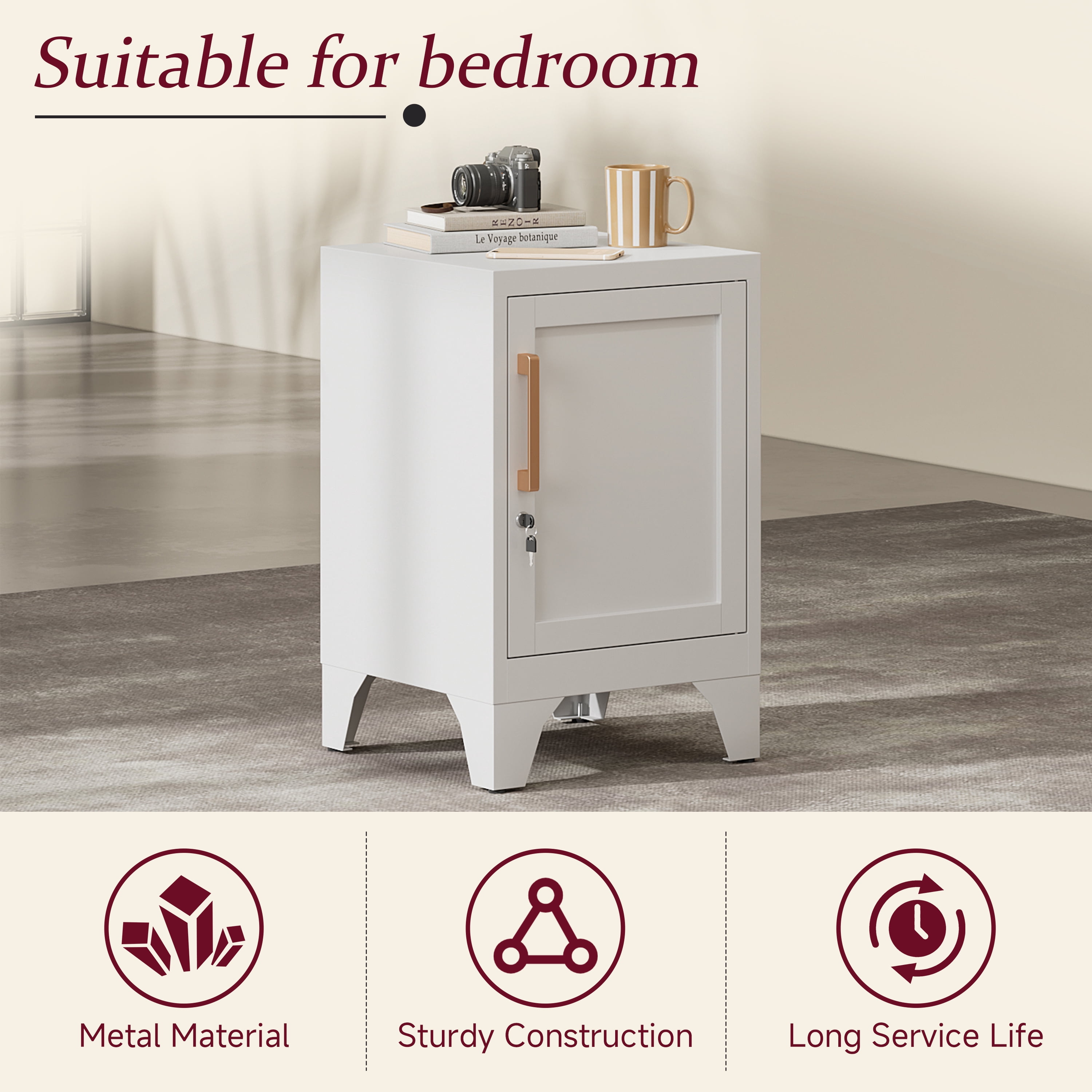 Bestoo Metal NightStand Storage Cabinets with Lock and Adjustable Shelf, Small End Table Side Table for Small Space, Lockable Bedside Table for Home Office Living Room Bed Room, White