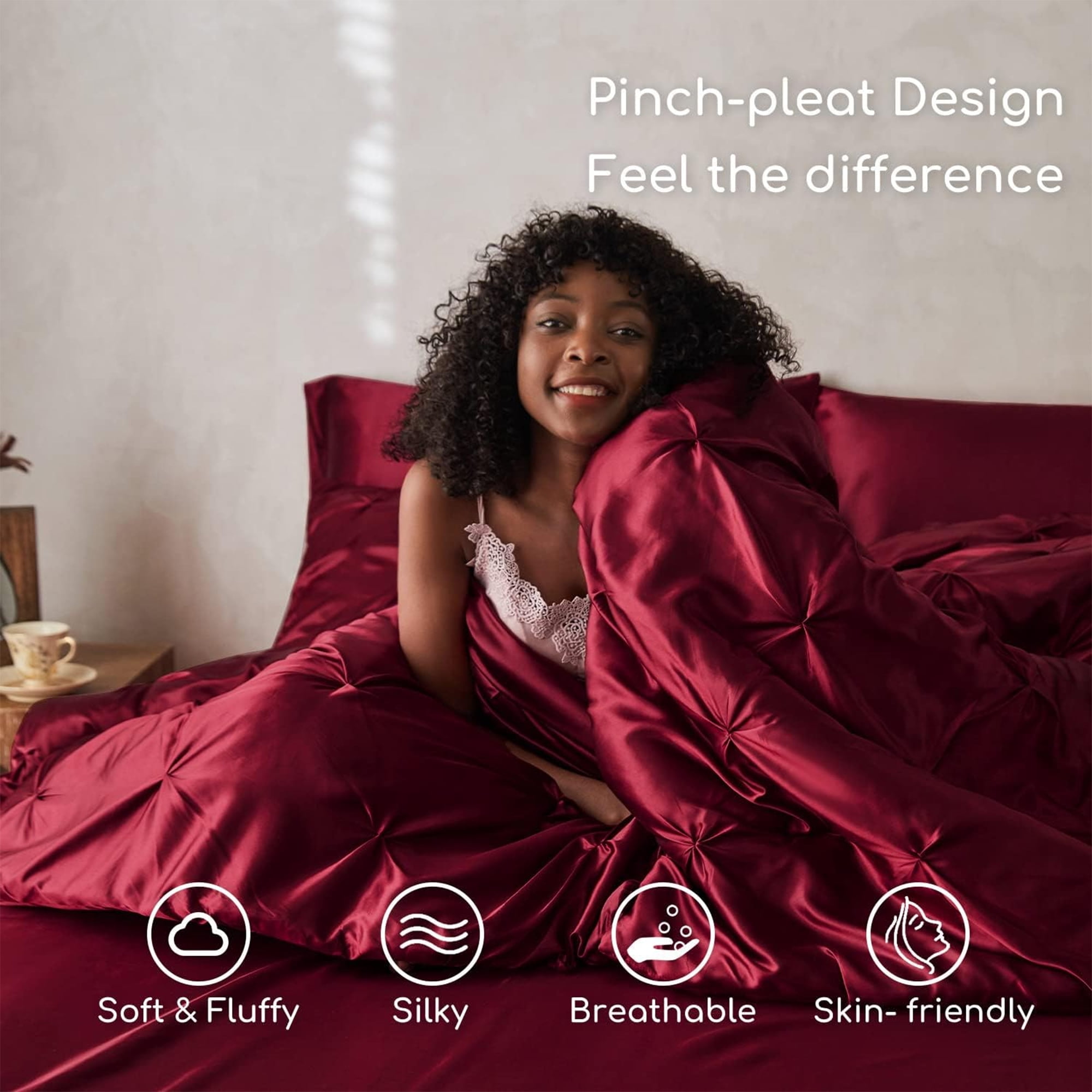 MR&HM Satin Comforter Set 7 Pieces King Size - Luxurious Pinch Pleat Bed in a Bag with Satin Comforter, Satin Sheets, Satin Pillowcases & Shams, Silky Soft Bedding Set for All Seasons (Burgundy)