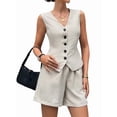 thumbnail image 4 of 2 Piece Sets for Women Spring Fashion Button Vest Tops High Waist Shorts Summer Business Casual Outfits Light Khaki M, 4 of 9