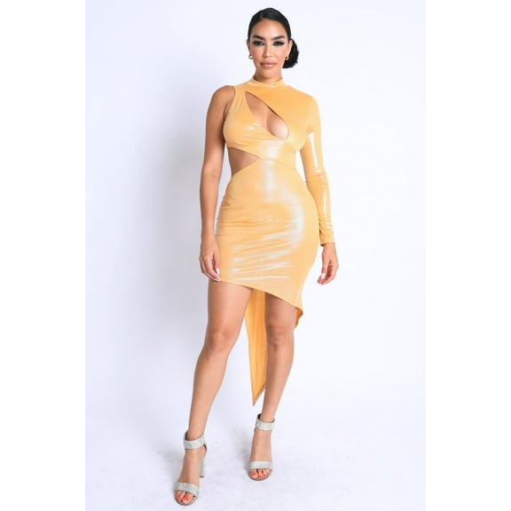 Foil Asymmetric Sleeve And Cut Out Midi Dress S