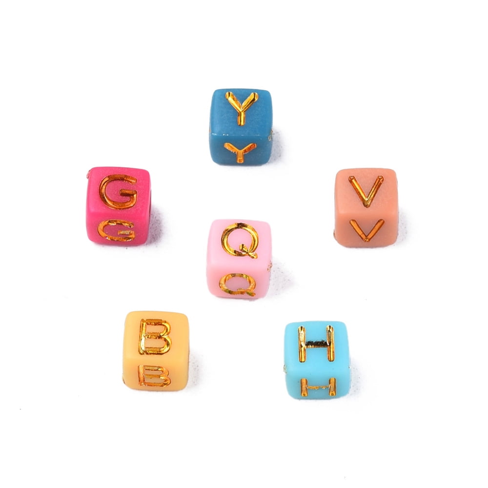 500 g Plating Acrylic Beads Golden Metal Enlaced Horizontal Hole Cube with Letter Mixed color 6x6x6mm Hole: 3.5mm 3100pcs/500g
