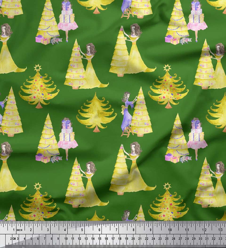Soimoi Green Moss Georgette Fabric Women,Gift Box & Tree Christmas Print Fabric by the Yard 42 Inch Wide