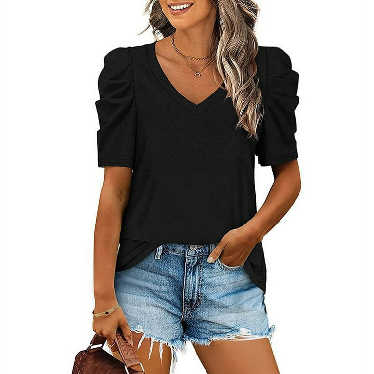 DanceeMangoo Summer V-Neck T Shirts Top Women Casual Solid Color Ruched  Patchwork Short Sleeve Tshirt Hot Sale Loose Basic Tees