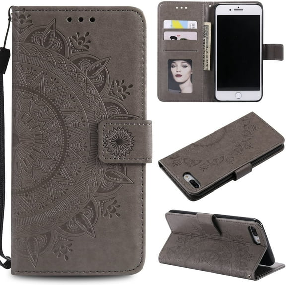 Mandala Phone Cover for iPhone SE(5G) 2022 iPhone 7 iPhone 8 iPhone SE 2020, Ultra Slim Flip Case with Card Slot Magnetic Closure Embossing PU Leather Durable Case with Lanyard - Gray