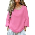 thumbnail image 2 of Endives Women's Cotton Linen Shirt 3/4 Sleeve Round Neck Solid Color Loose Top Womens Blouse Summer T Shirt Top Hot Pink, 2 of 5