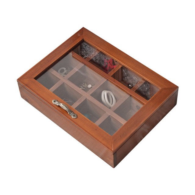 12 Grid Vintage Storage Box Rustic Wooden Jewelry Organizer with Clear Lid, Rings Earrings Necklaces Display Case