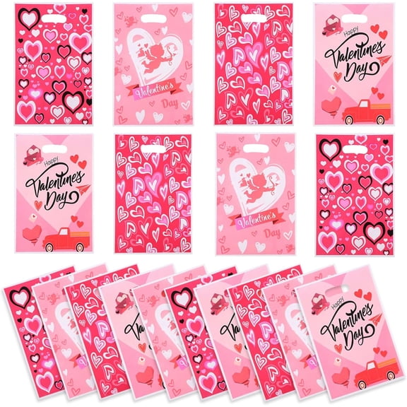100 PCS Valentines Day Gift Bags with Handles, Valentines Day Goodie Bags in 4 Styles, Heart Candy Bags for Valentine's Day Party Favor Supplies & Classroom Gift Exchange