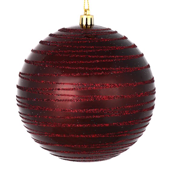 Vickerman 4" Burgundy Candy Finish Ball Ornament with Glitter Lines, 4 per Bag