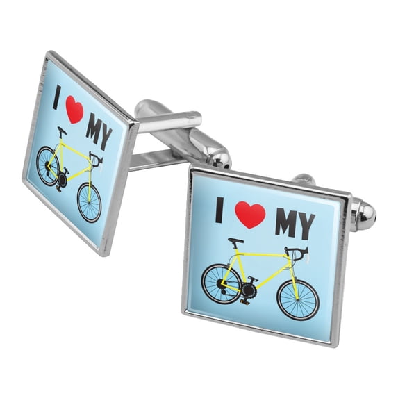 I Love My Bike Road Bicycle Cycling Square Cufflink Set - Silver or Gold