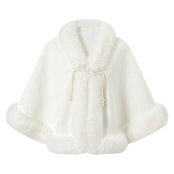 Trendy Women Plush Trim Cape Coat Fleece Lined Warm Open Front Poncho Shawl, Casual Outer Wear for Women’s Fall Winter Clothes White