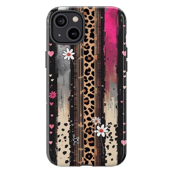 Leopard Stripe Phone Case, Pink Hearts Flower Grunge Print Cover for iPhone 17 16 15 14 13 12 11 Pro Plus Mini