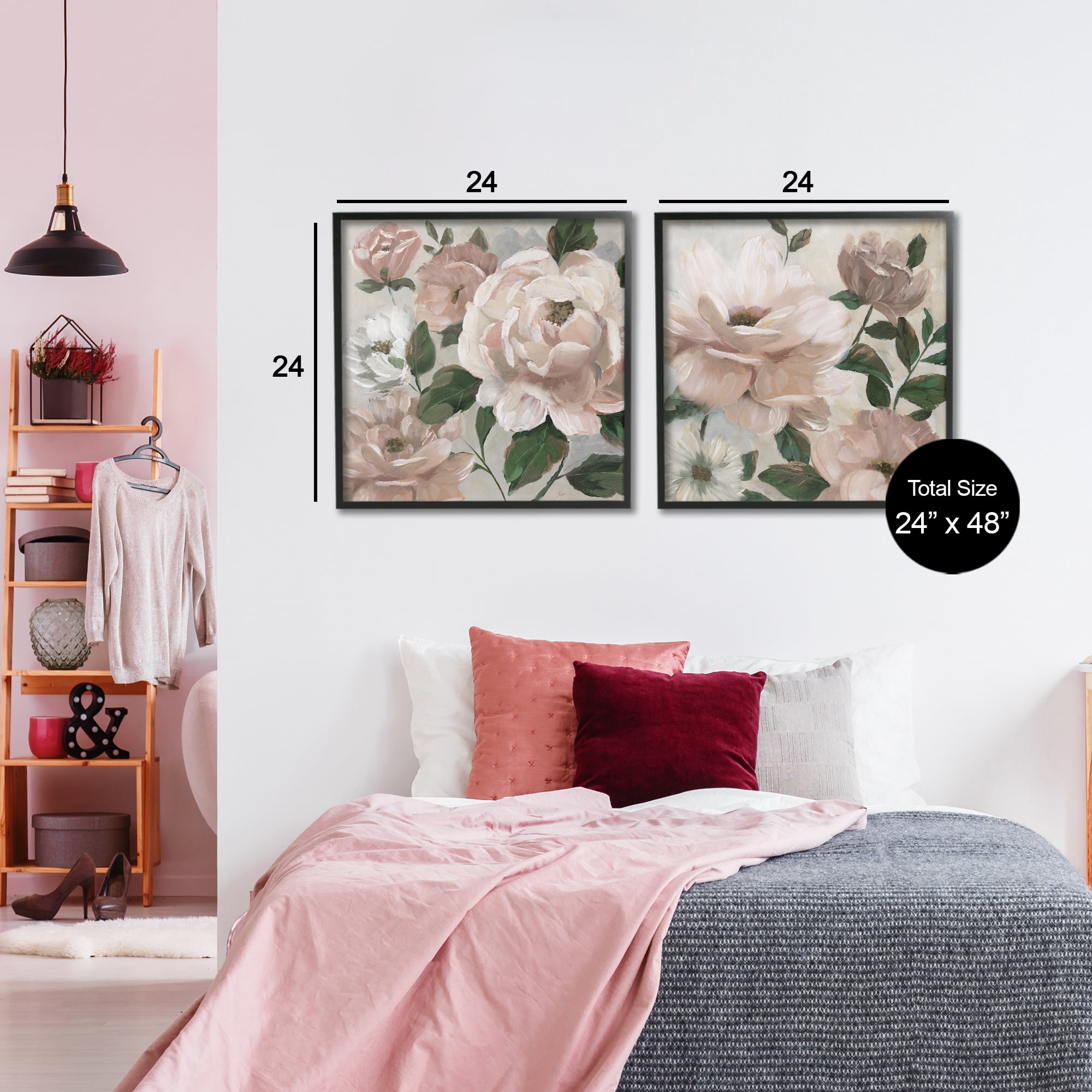 Stupell Industries Elegant Blush Peonies & Leaves 2 Piece Black Framed Giclee Art Set, design by Nan