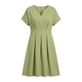 thumbnail image 7 of Karymi Plus Size Notch V-Neck A-Line Dress, Short Sleeve Waist Pleated Flare Dress with Pockets, Solid Casual Work Dress Wedding Guest Dresses for Women, 7 of 7