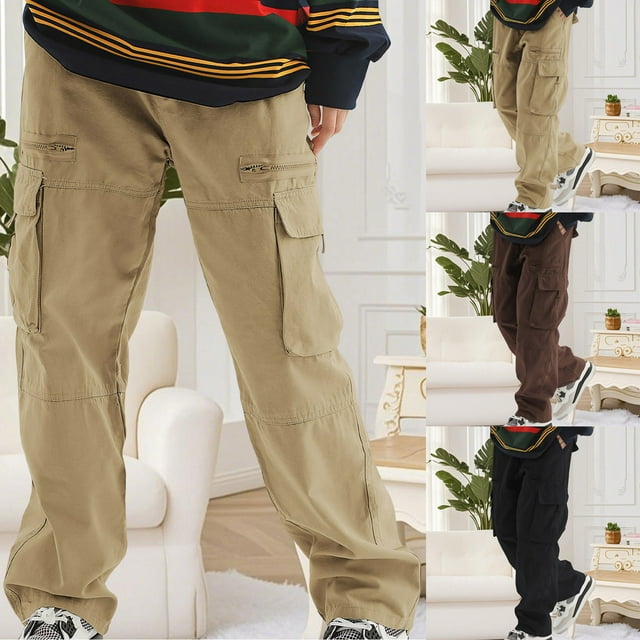 BiZtdJrK Men's Cargo Pants Straight Leg Relaxed Fit Solid Work Pant Ripstop Hiking Outdoor Trousers with Zipper Pockets Birthday Gift Coffee M