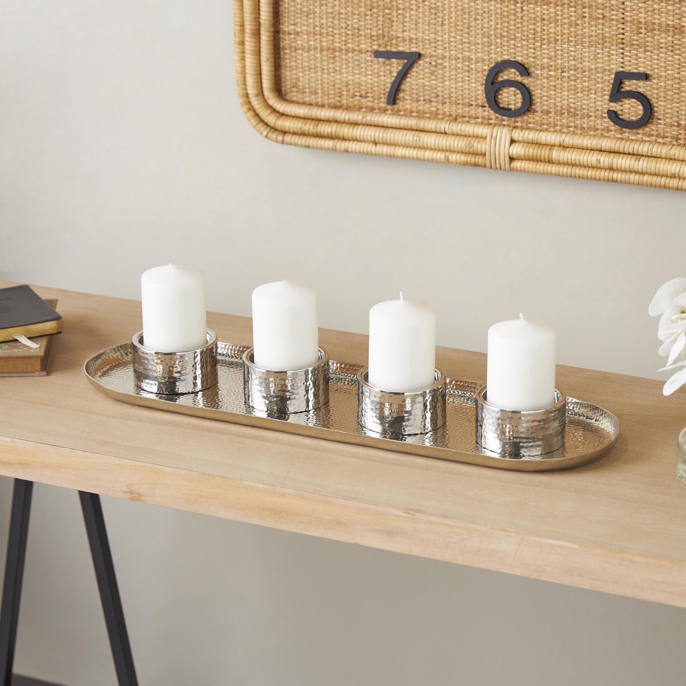 DecMode 4 Holder Silver Stainless Steel Metal Candelabra with Attached Tray