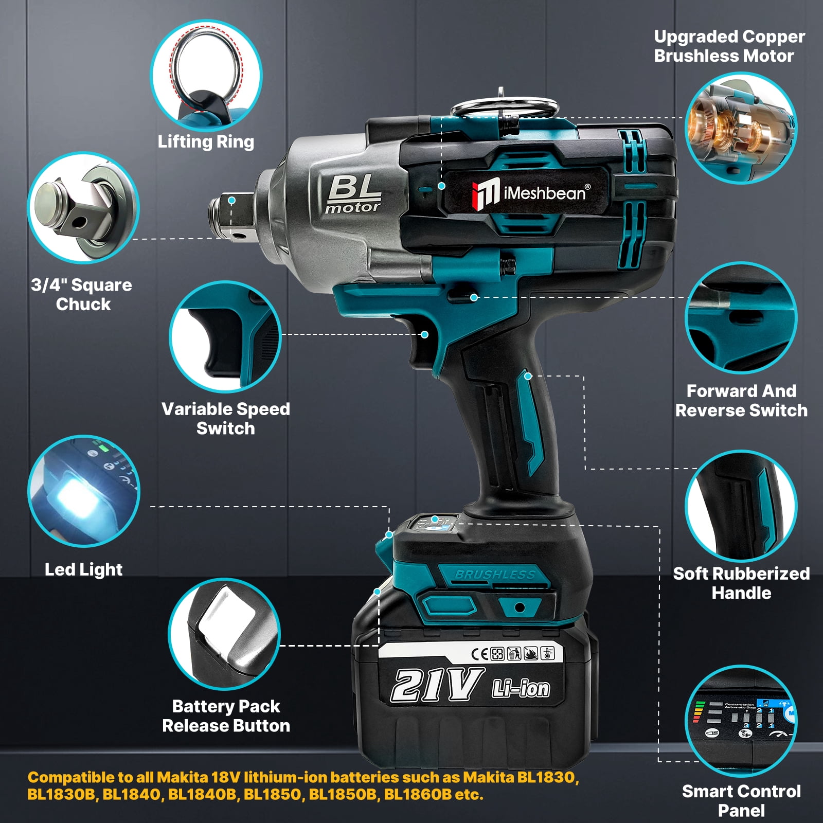 iMeshbean 2100 N.m High Torque Impact Wrench 3/4" Drive W/ 2PCS 21V 8.0A Battery Cordless