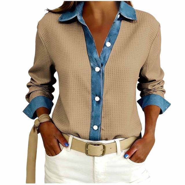 TaTaai Women's Loose Fit Blouse Long Sleeve Lapel Collar Waffle Knit Design Button Front Denim Style Casual Top Gift