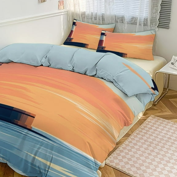 Duvet Cover Queen Size Sunset Lighthouse 3 Pcs Duvet Cover Set Bedding Sets Queen Soft Breathable