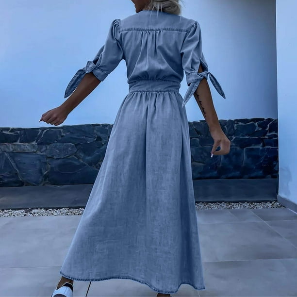 empire waist denim dress Fartey Dresses for Women 2025 Elegant Casual Button Down Maxi Summer Split Tie Short Sleeve V Neck Dress High Jean Dress Blue S-XL trend spring styling Mini Denim Dress Casual Summer