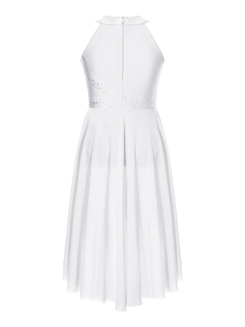 Chictry Kids Girls Lyrical Modern Dance Dress Rhinestones Ruched Bodice High-low Praise Dance Costume White 16, Girl's, Blue